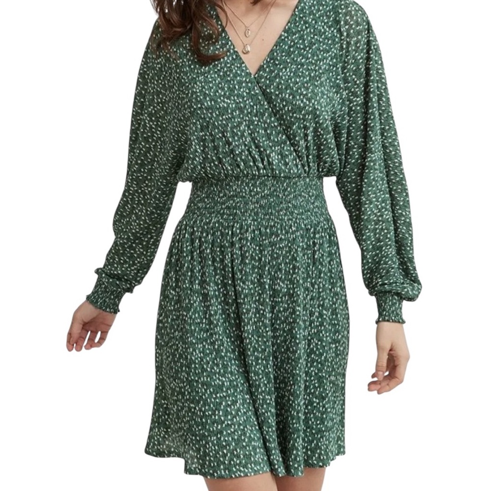 NWT RW&CO XS Dress $110 Retail Green White Dot V-Neck L/S Date Wedding Cottage